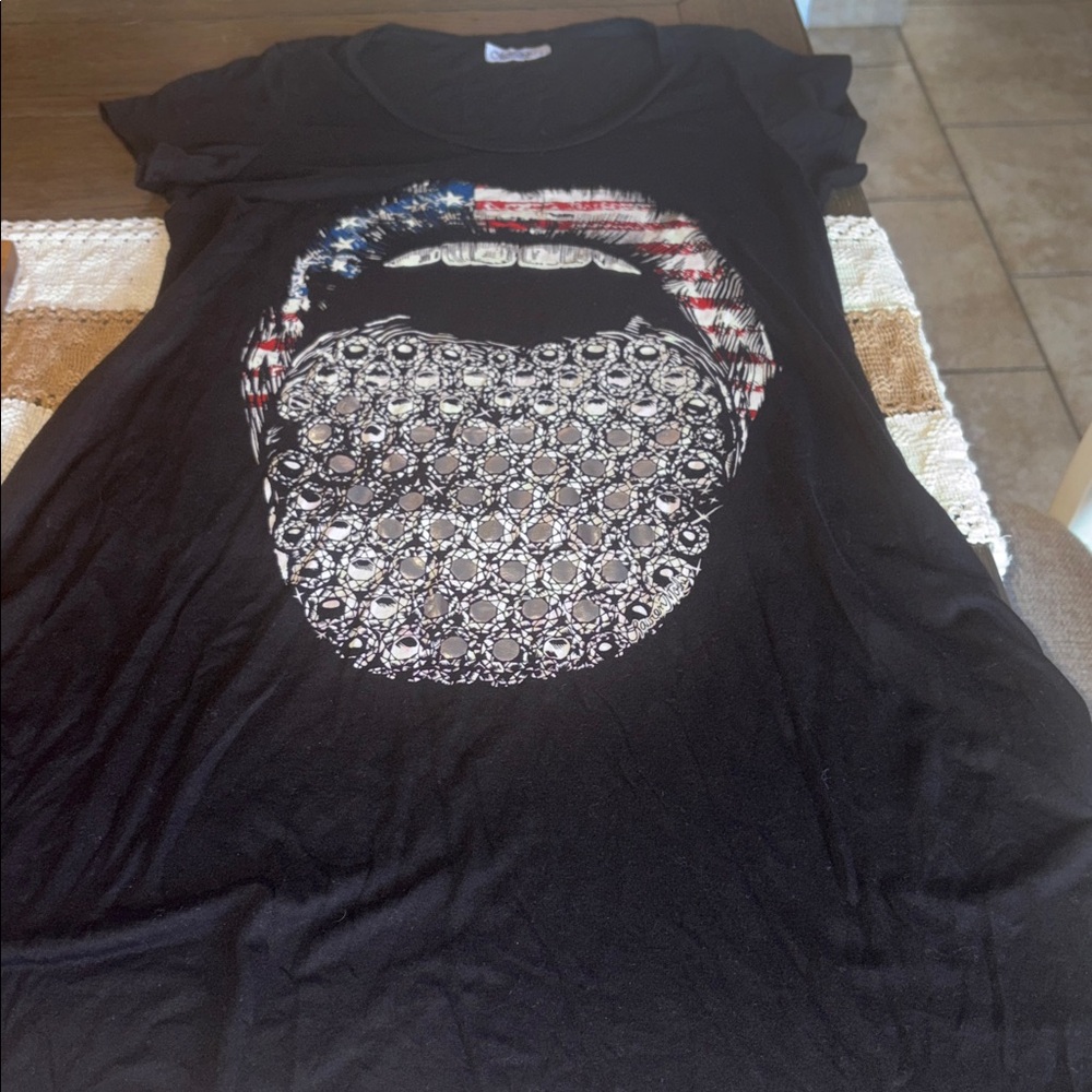 Stars & Stripes Lips Diamond TONGUE TEE LAUREN MOSHI Shirt Dress Black - flaw - Picture 2 of 12